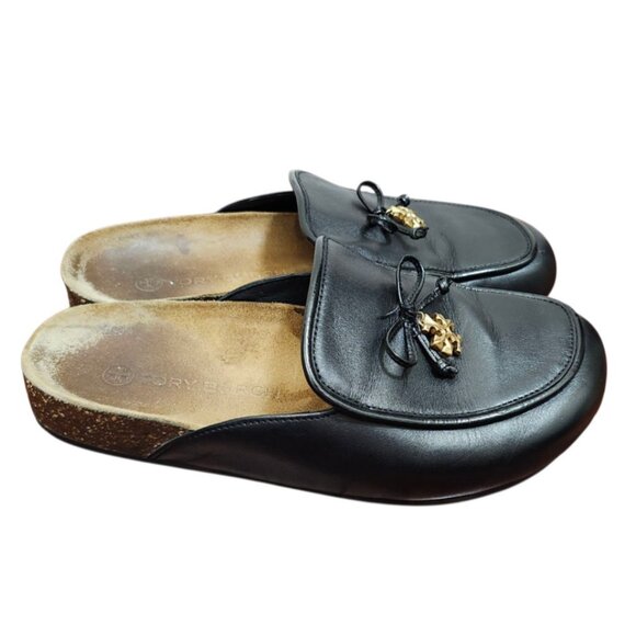 Tory Burch Charm Mules Flat Slip-on Black Genuine Leather Natural Cork US Size 7 - Picture 6 of 14
